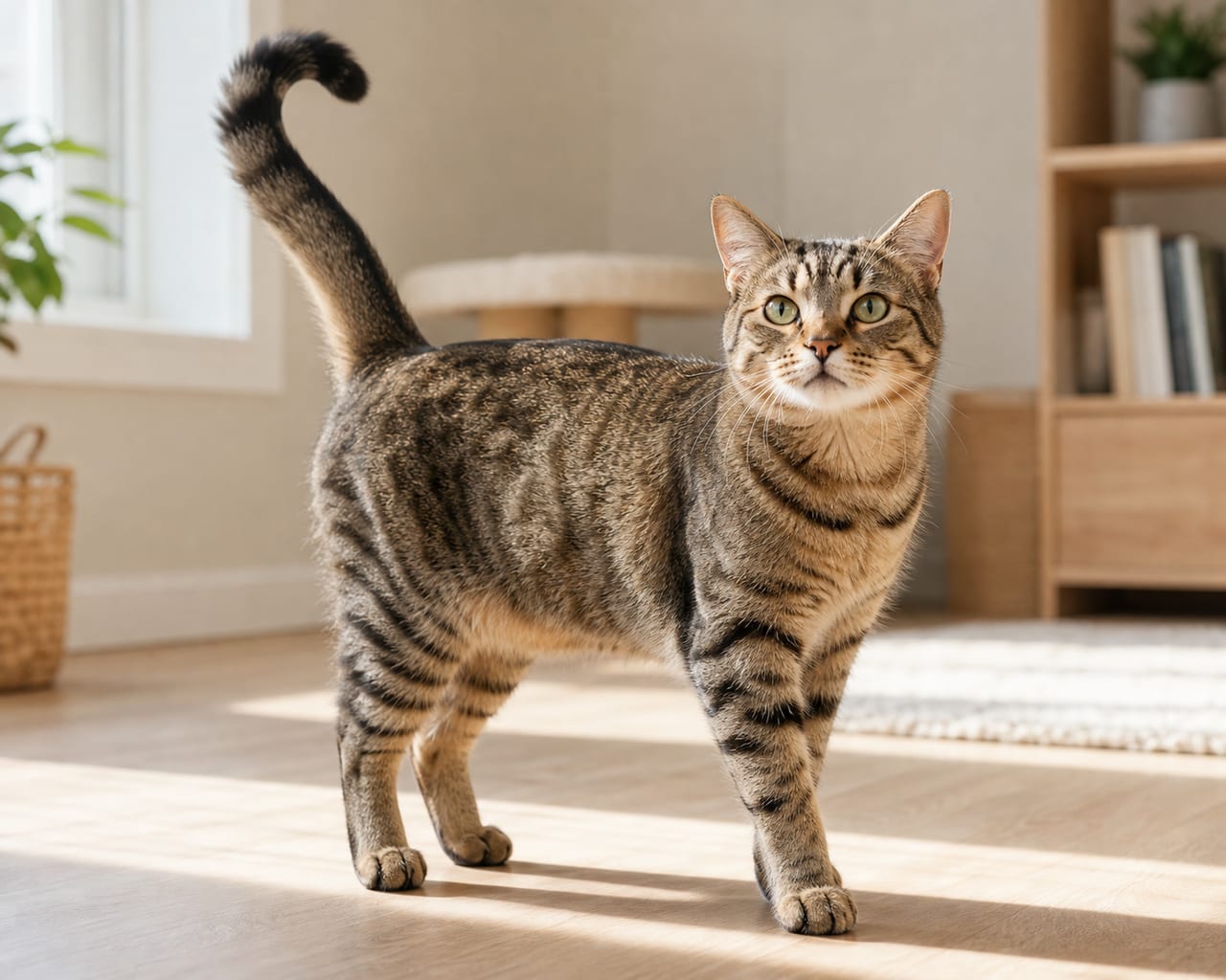 A relaxed tabby cat standing with the whole body and tail visible