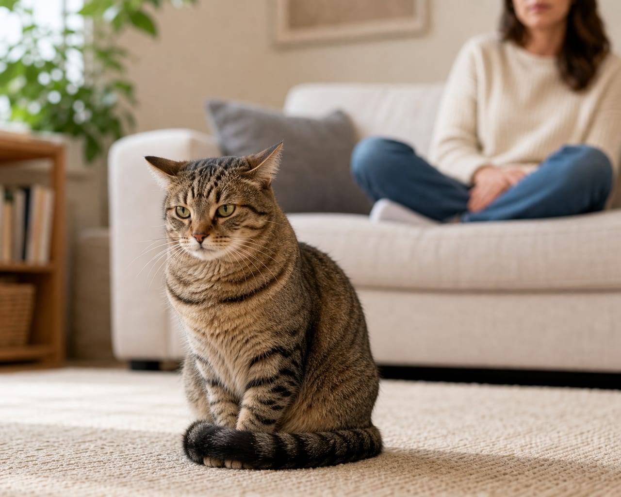 A tense cat sitting still while a guardian keeps distance