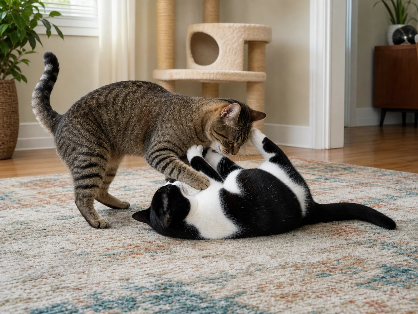 A tabby standing over a black-and-white cat during a loose wrestling interaction on a rug
