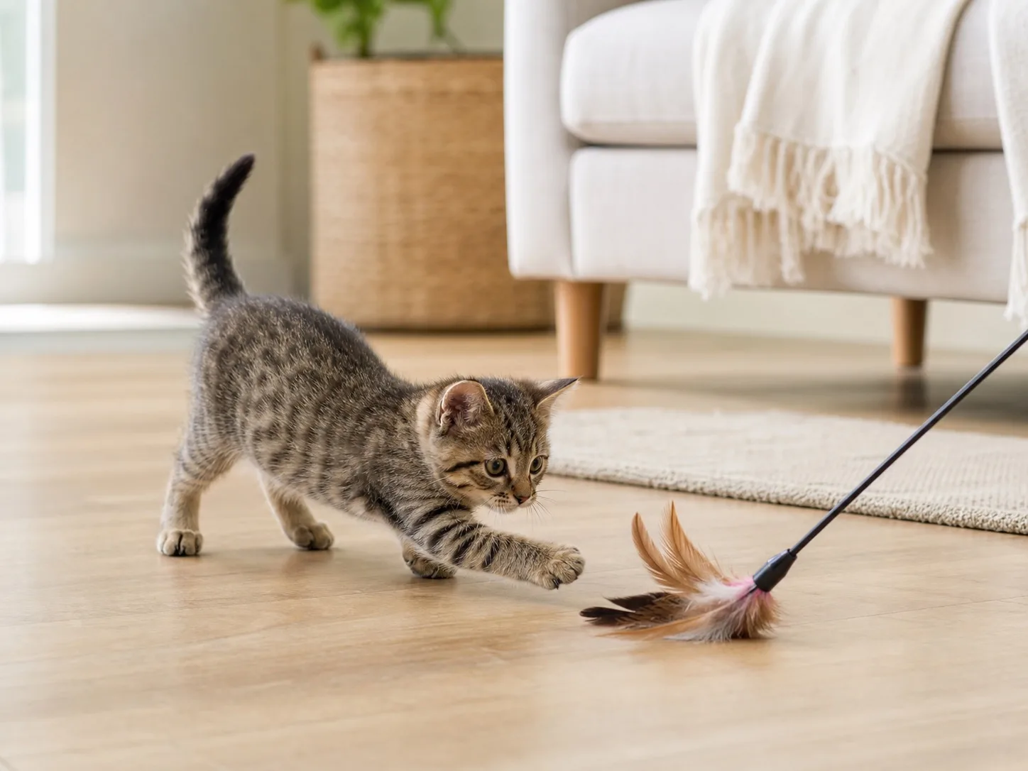 A young tabby kitten reaching toward a feather wand on the floor