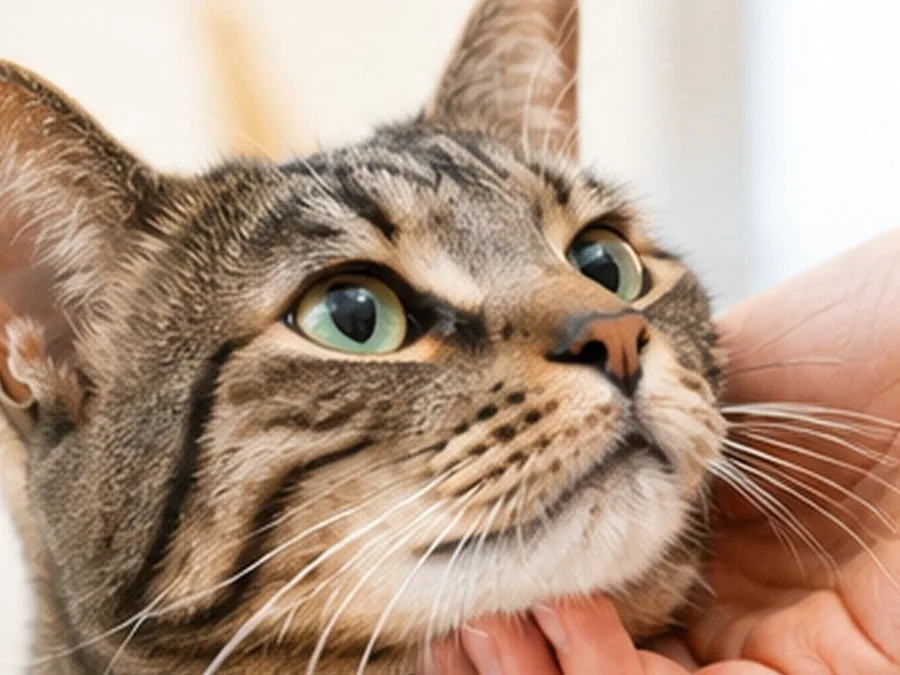 A cat turning toward a hand during petting