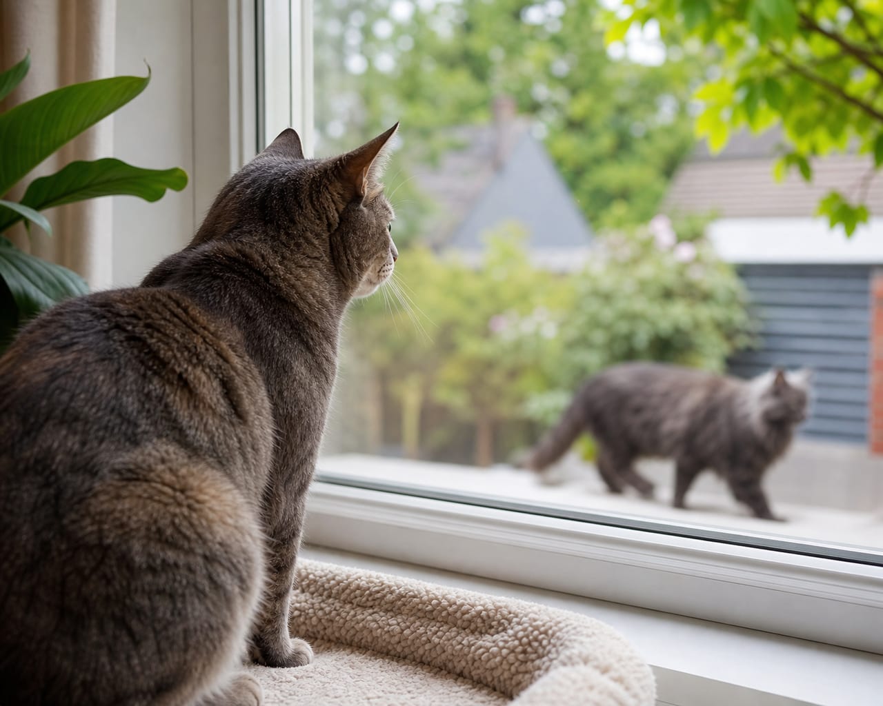A cat looking through a window at an outdoor trigger